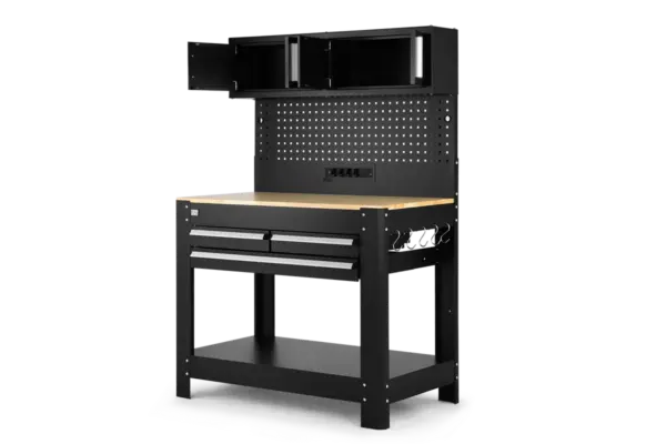 HBM Werkbank 114 cm mit 3 Schubladen, Schrankwand und Rückwand, schwarz – Bild 5