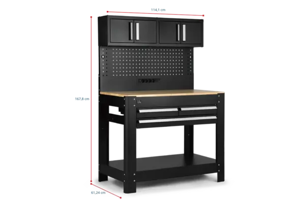 HBM Werkbank 114 cm mit 3 Schubladen, Schrankwand und Rückwand, schwarz – Bild 6