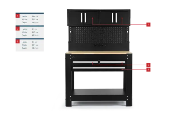 HBM Werkbank 114 cm mit 3 Schubladen, Schrankwand und Rückwand, schwarz – Bild 7