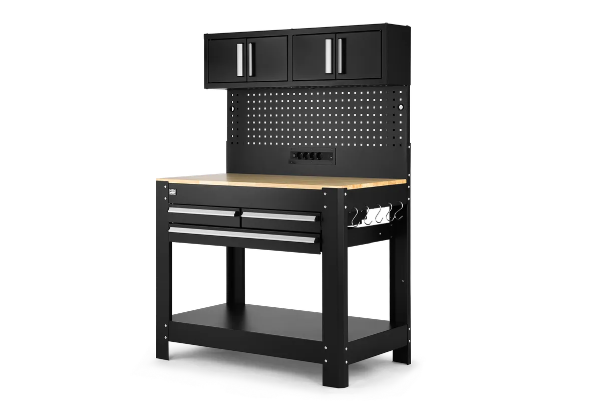 HBM Werkbank 114 cm mit 3 Schubladen, Schrankwand und Rückwand, schwarz