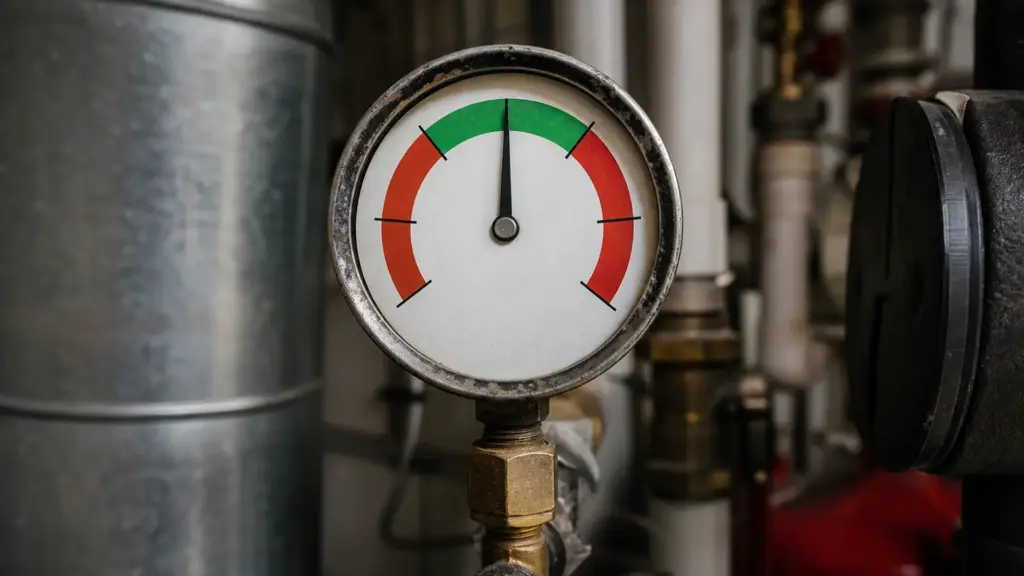 Manometer an der Heizungsanlage mit Zeiger im markierten Betriebsbereich
