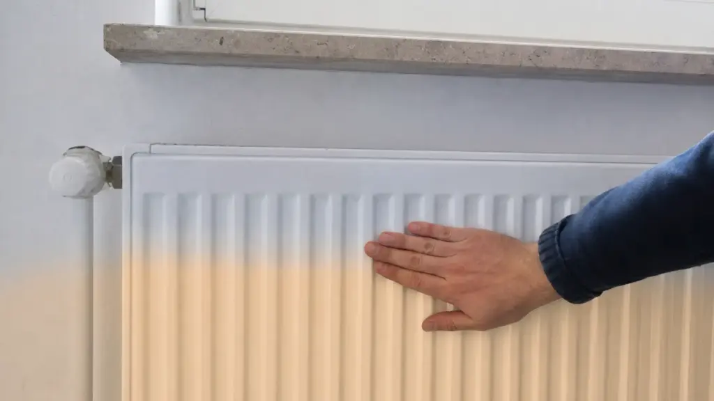 Hand prüft den Heizkörper, die untere Hälfte ist warm, die obere kalt