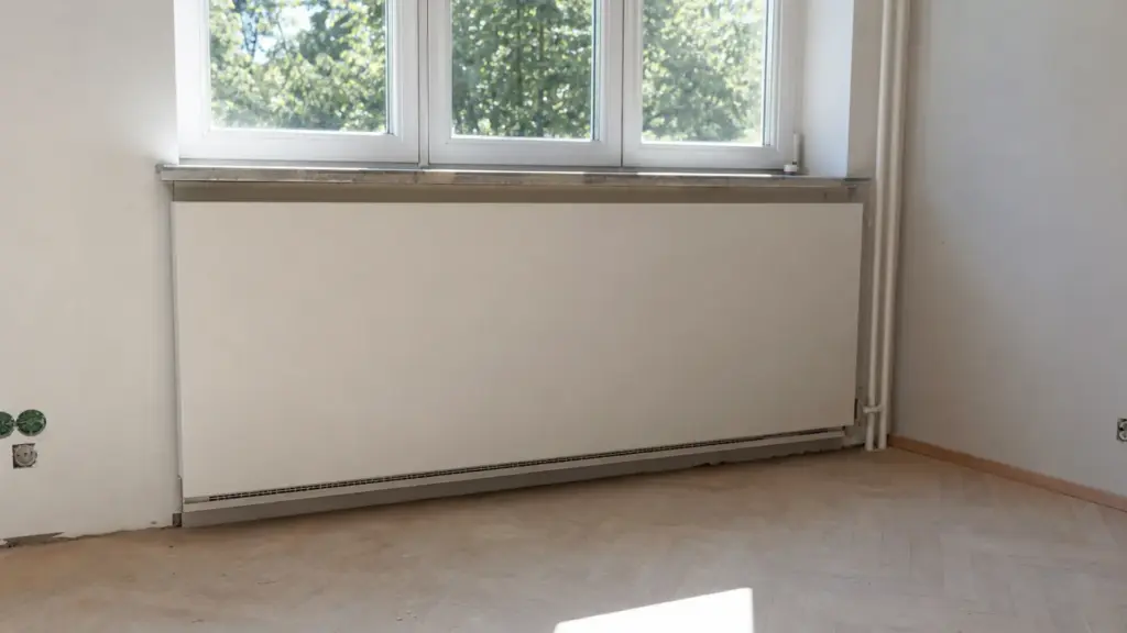 Großer Niedertemperatur-Heizkörper an einer Wand im Vergleich zur Fensterbreite
