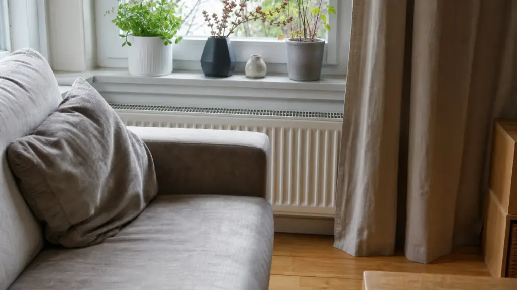 Heizkörper ist von einem Sofa verdeckt und von einem langen Vorhang überdeckt