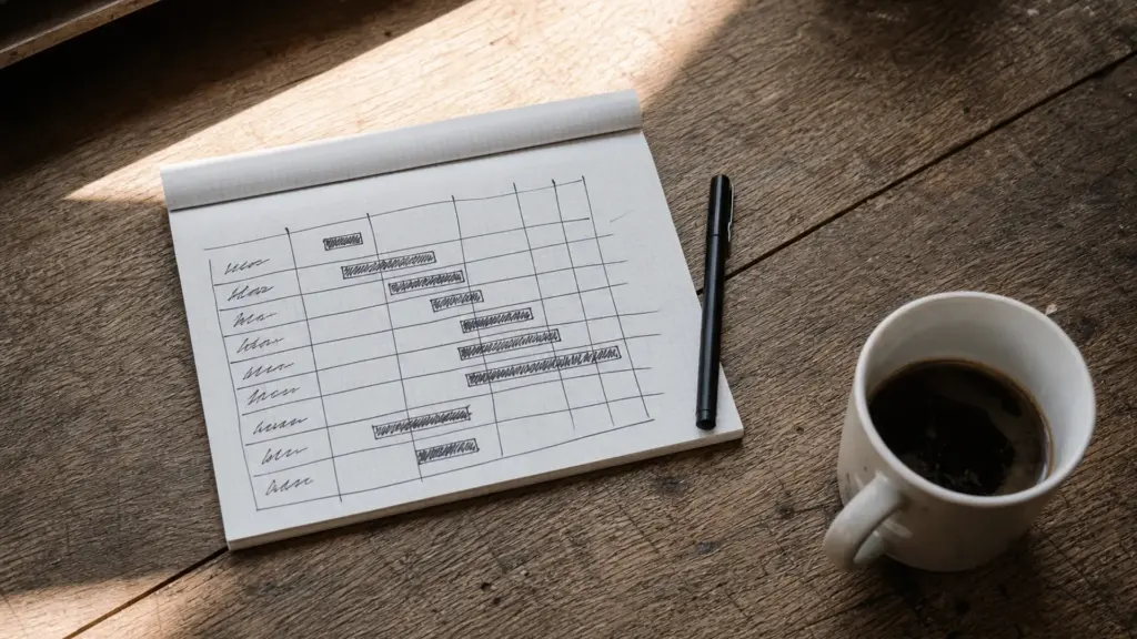 Handschriftlicher Wochenplan mit Heizzeiten je Raum auf einem Notizblock