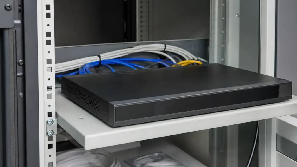Netzwerkrekorder mit angeschlossenen Kabeln in einem kleinen Technikschrank