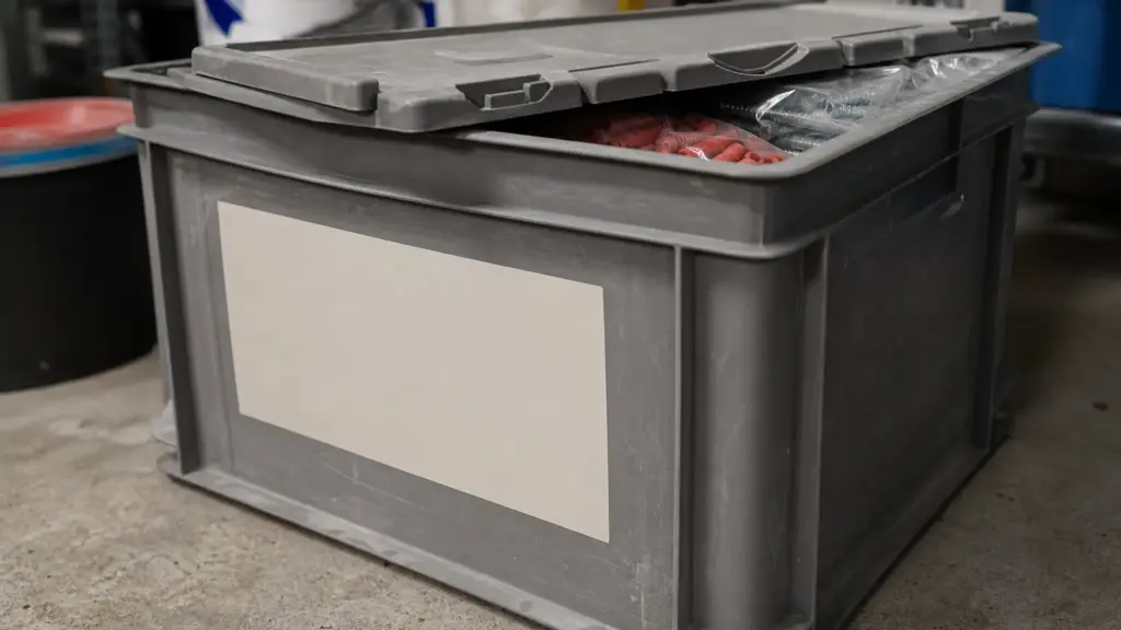 Aufgeklappte Aufbewahrungsbox mit großem Etikett an der Stirnseite