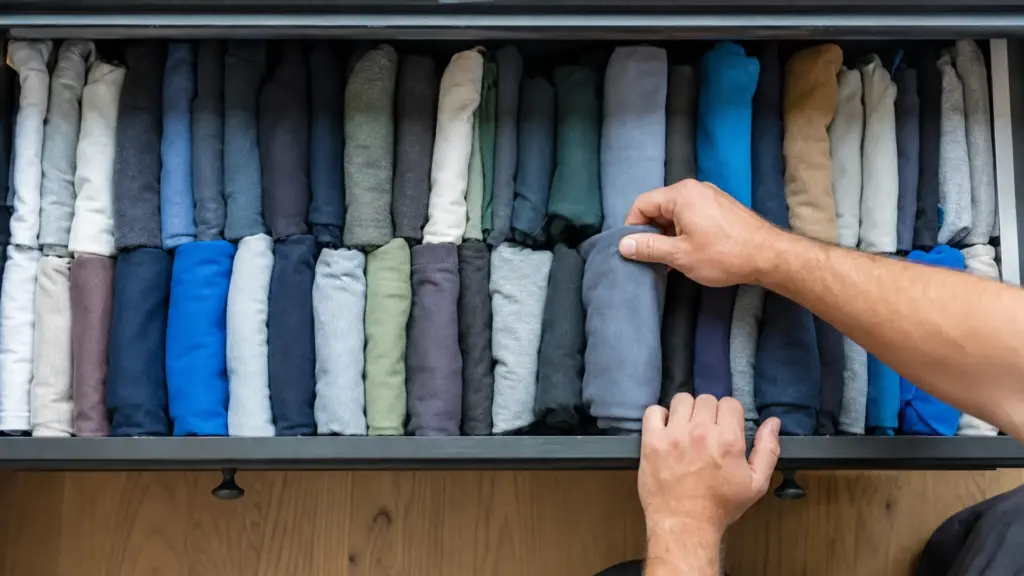 Gefaltete T-Shirts stehen hochkant nebeneinander in einer Schublade, alle sind von oben sichtbar