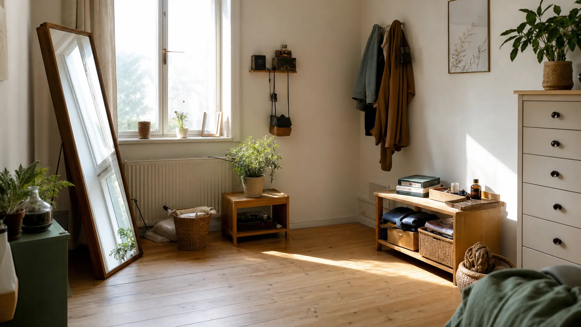 Kleines Zimmer mit hellen Wänden, sichtbarer Bodenfläche und wenigen Möbeln wirkt weit