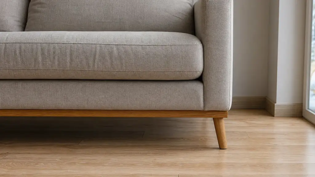 Sofa auf schlanken Beinen, der Boden läuft sichtbar darunter durch