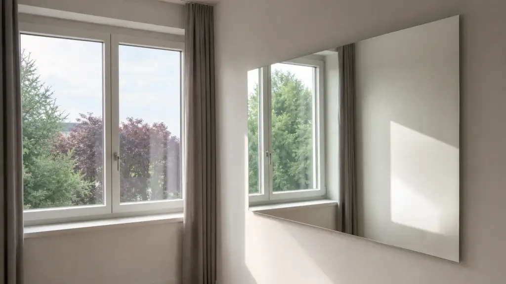 Großer Spiegel neben dem Fenster verdoppelt das einfallende Tageslicht im Raum