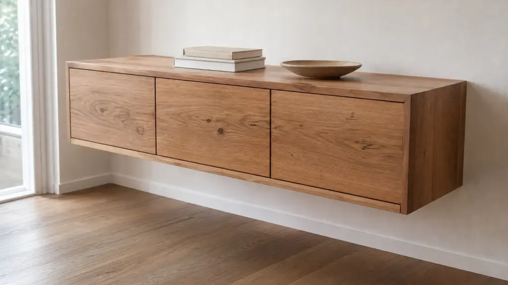 An der Wand montiertes Sideboard schwebt über dem Boden, der Bodenbelag läuft darunter durch