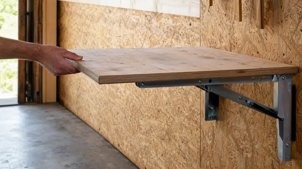 An der Wand montierter Klapptisch in der kleinen Werkstatt, halb heruntergeklappt