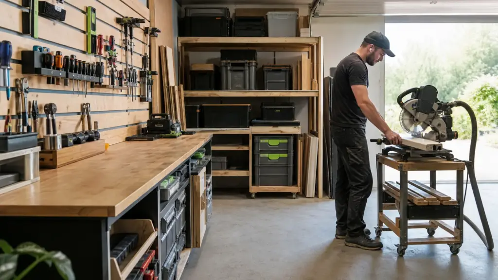 Kleine Werkstatt mit klar getrennten Bereichen für Werkbank, Maschine und Lagerung