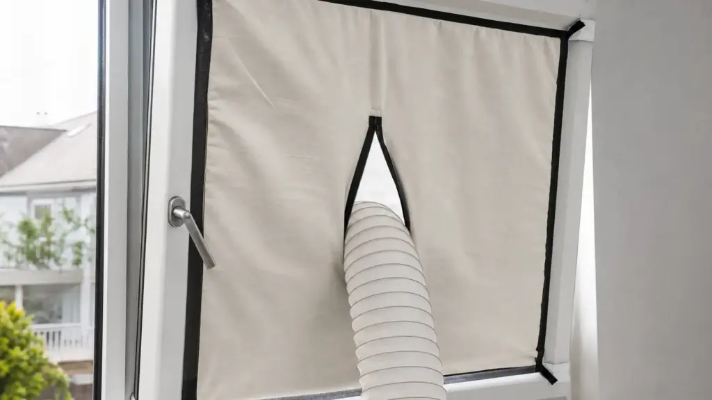 Textile Fensterabdichtung mit Reißverschlussöffnung für den Abluftschlauch am gekippten Fenster