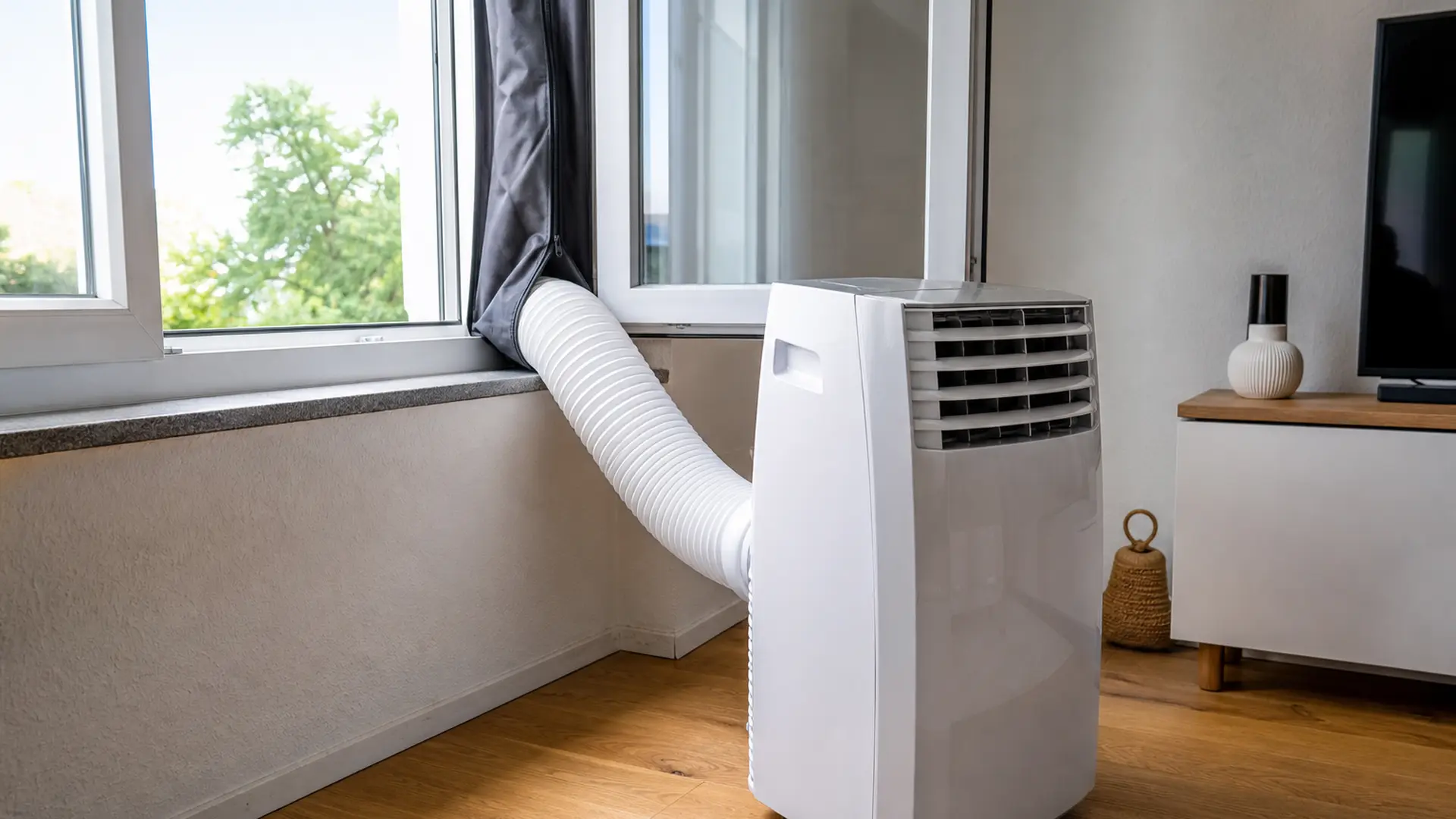 Mobiles Klimagerät mit Abluftschlauch, der durch eine Fensterabdichtung nach draußen führt