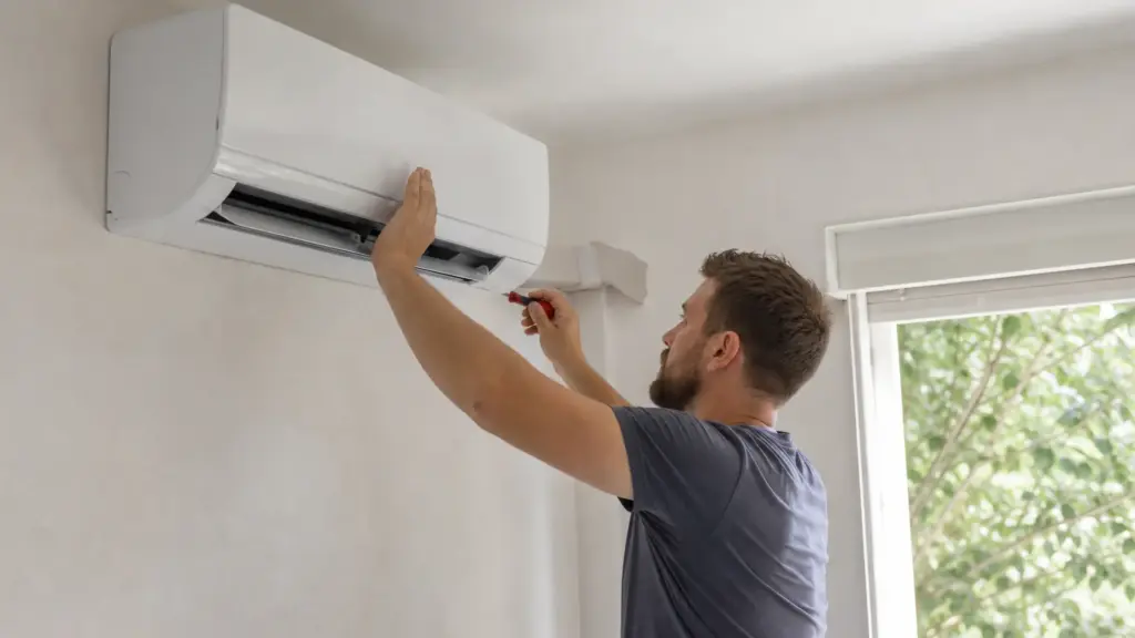 Split-Inneneinheit an der Wand über einem Fenster in einem Wohnraum