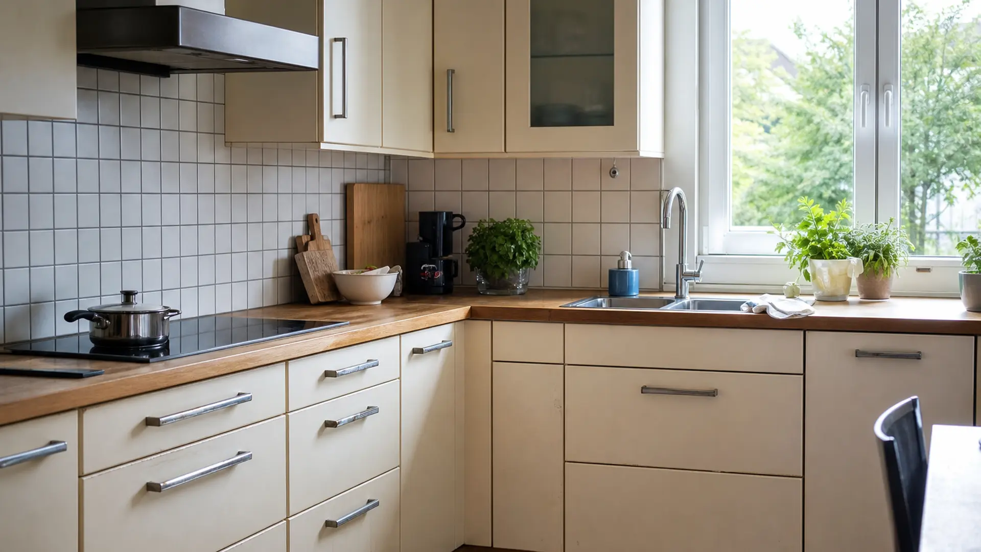 L-förmige Küchenzeile über Eck in einem hellen Raum, Arbeitsfläche zwischen Spüle und Kochfeld frei geräumt