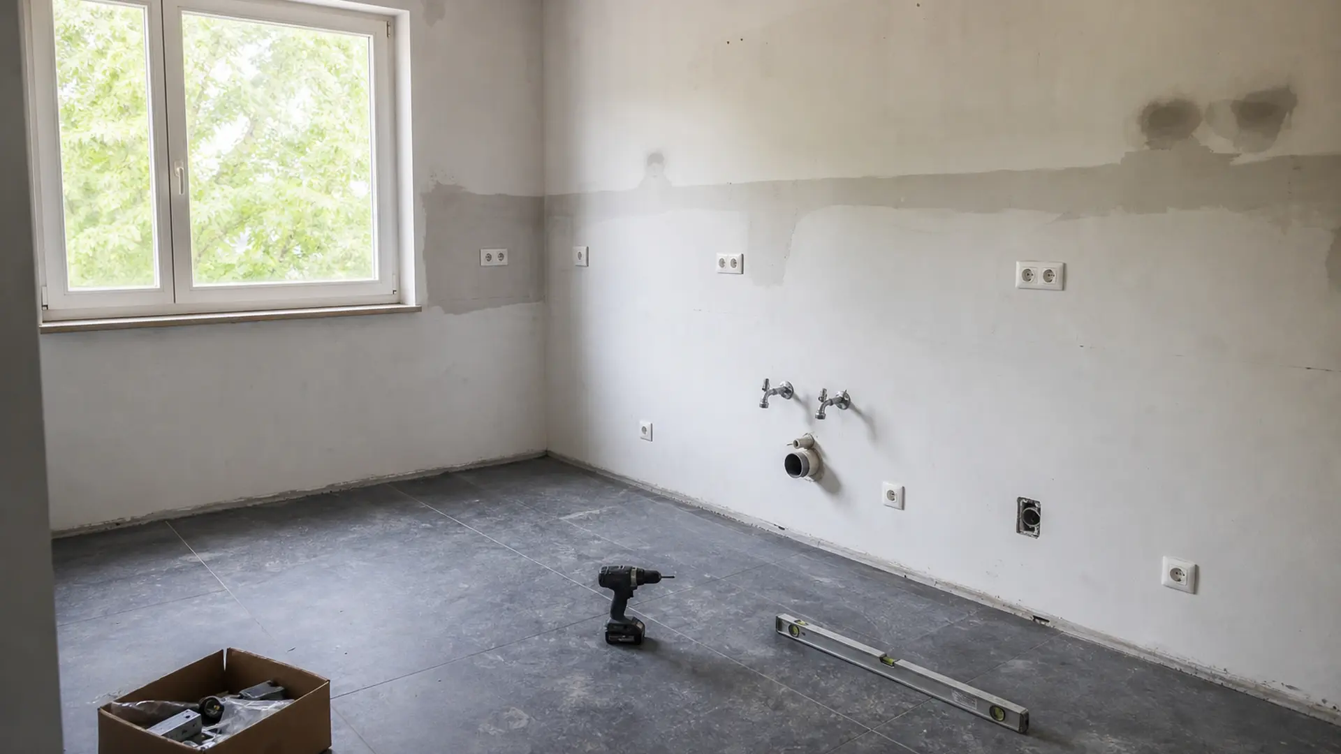 Leerer Küchenraum mit freigelegten Wasser- und Stromanschlüssen an der Wand, davor liegen Montagewerkzeuge auf dem Boden