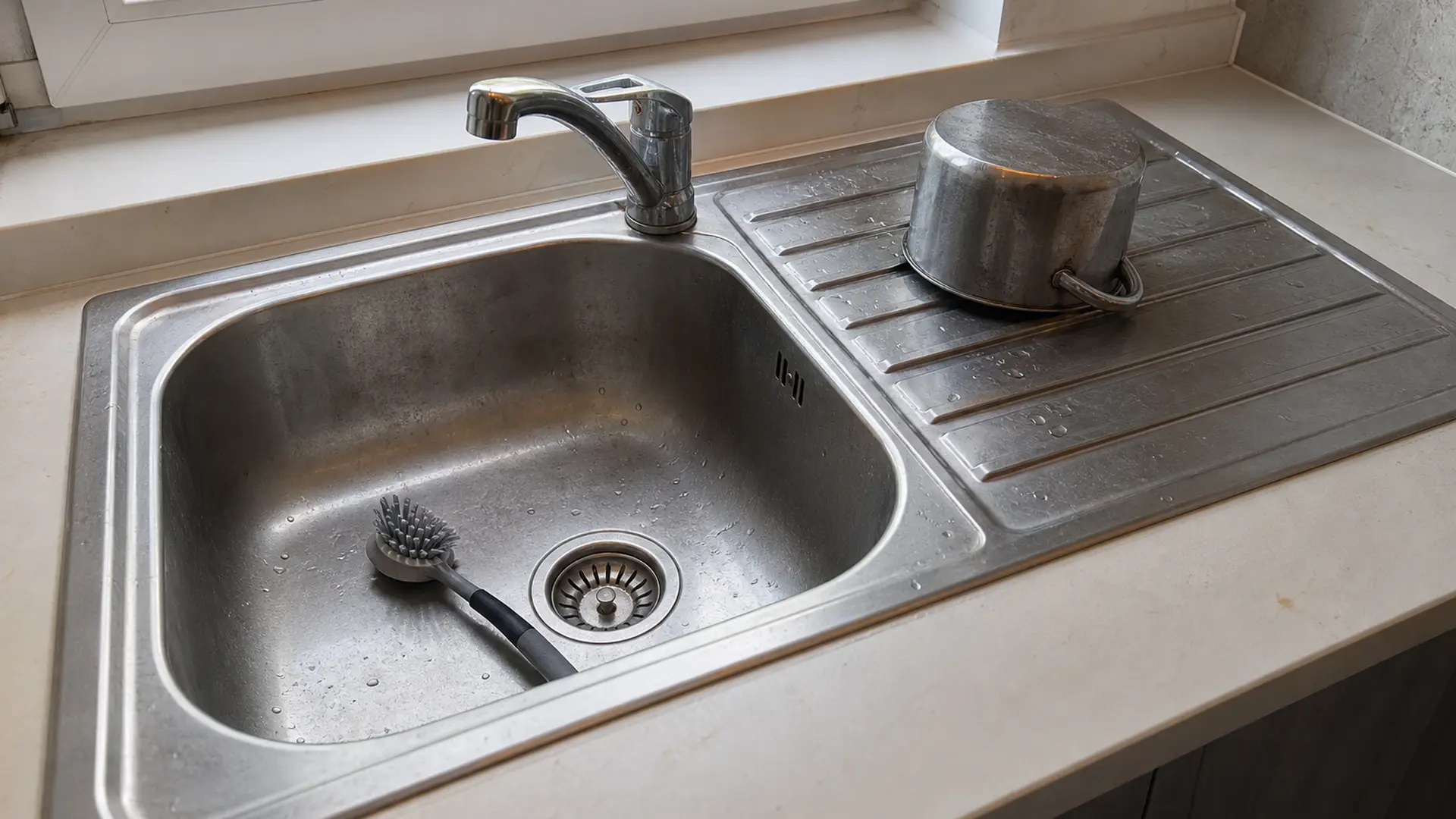 Edelstahl-Einbauspüle mit großem Becken und Abtropffläche in einer hellen Küchenarbeitsplatte