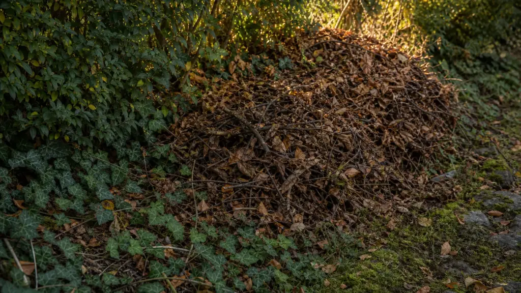 Aufgeschichteter Laubhaufen unter einer Hecke am Rand des Gartens als Winterquartier