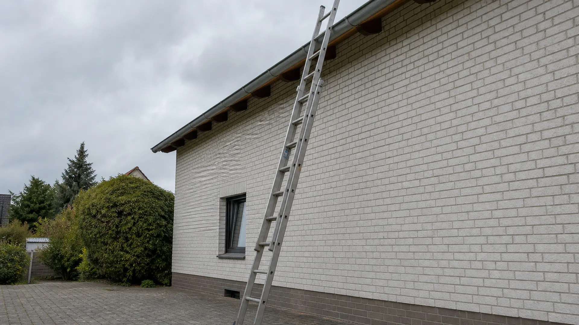 Anlegeleiter steht in korrektem Winkel an einer Hauswand und ragt über die Austrittsstelle hinaus