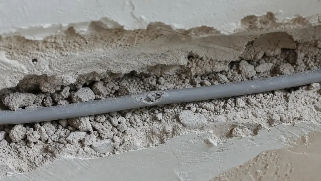 Aufgestemmte Wandstelle mit einem beschädigten Kabel im Putz