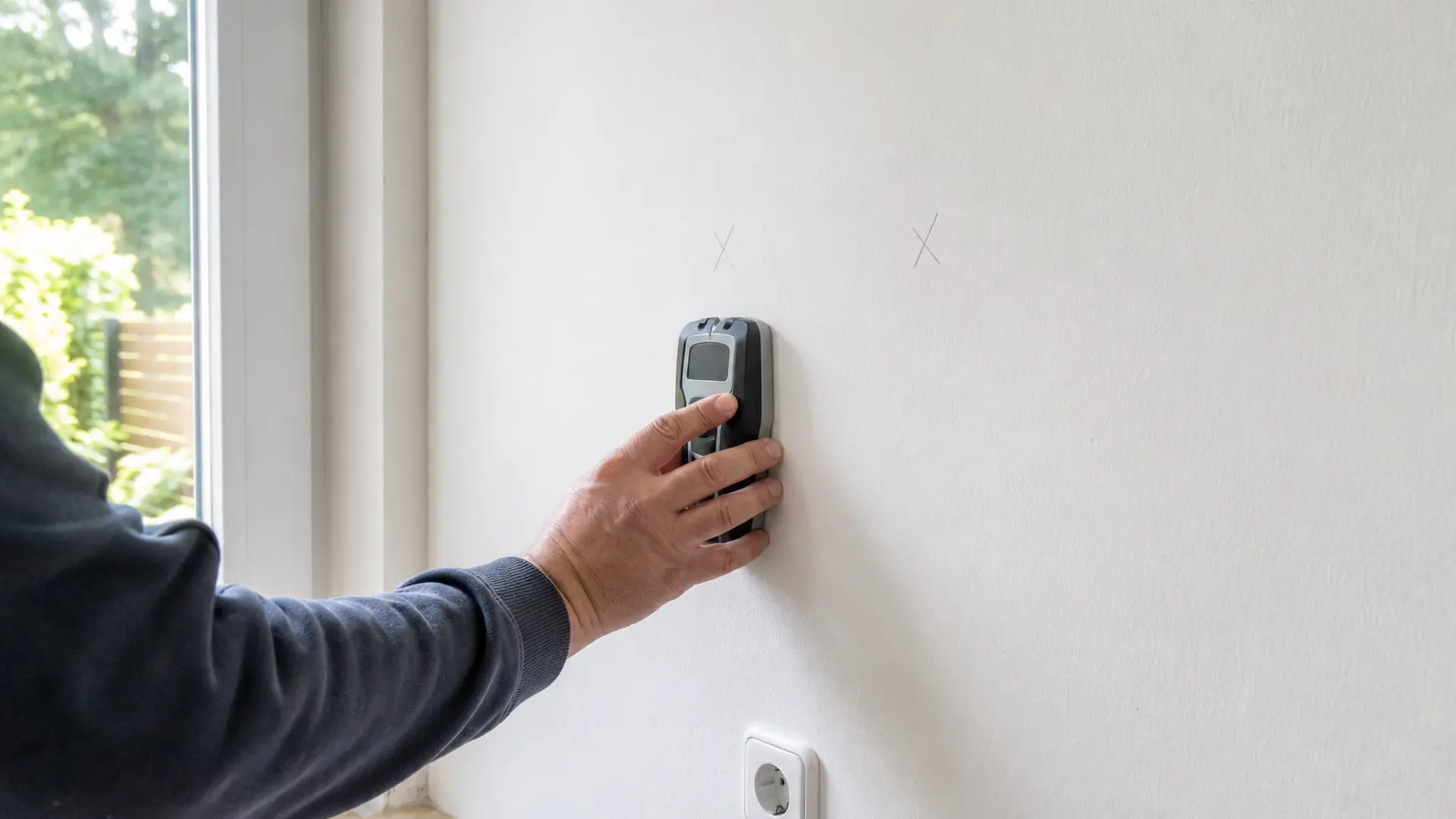 Ortungsgerät wird über eine Wand geführt, unterhalb ist eine Steckdose sichtbar