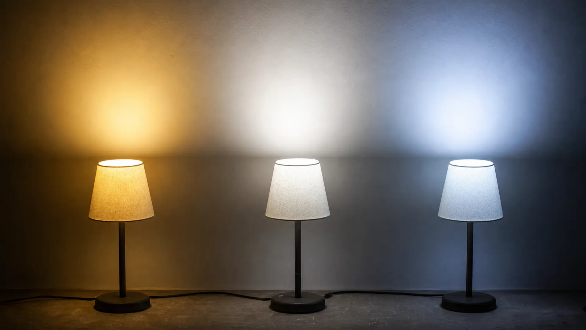 Drei gleiche Leuchten nebeneinander mit warmweißem, neutralweißem und kaltweißem Licht