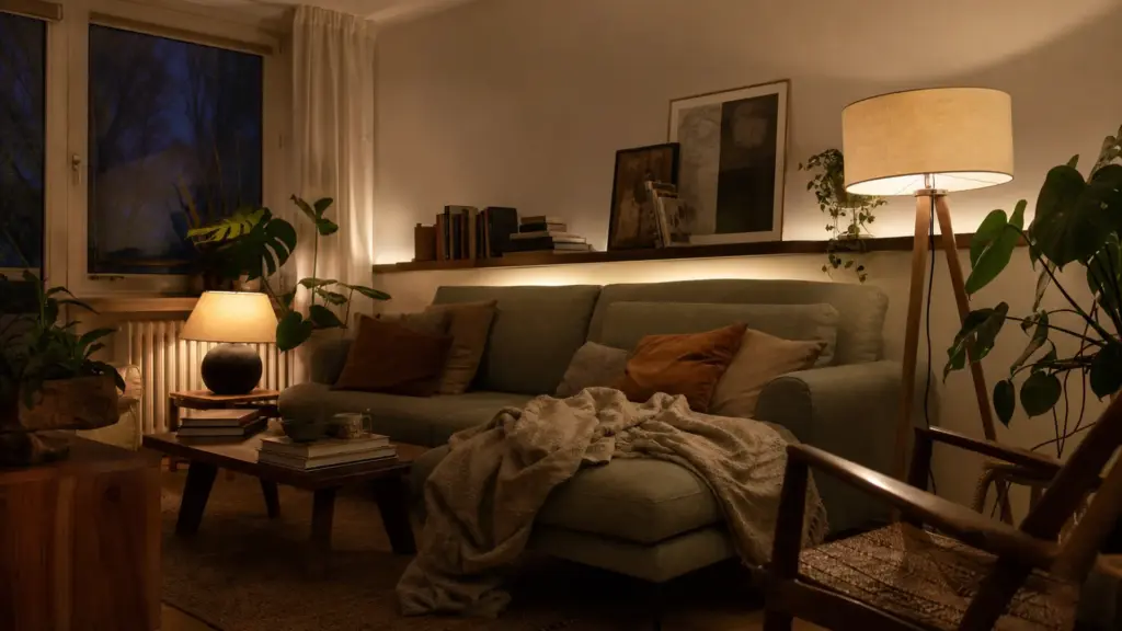 Wohnzimmer am Abend, warmweiß beleuchtet, mit weichen Schatten