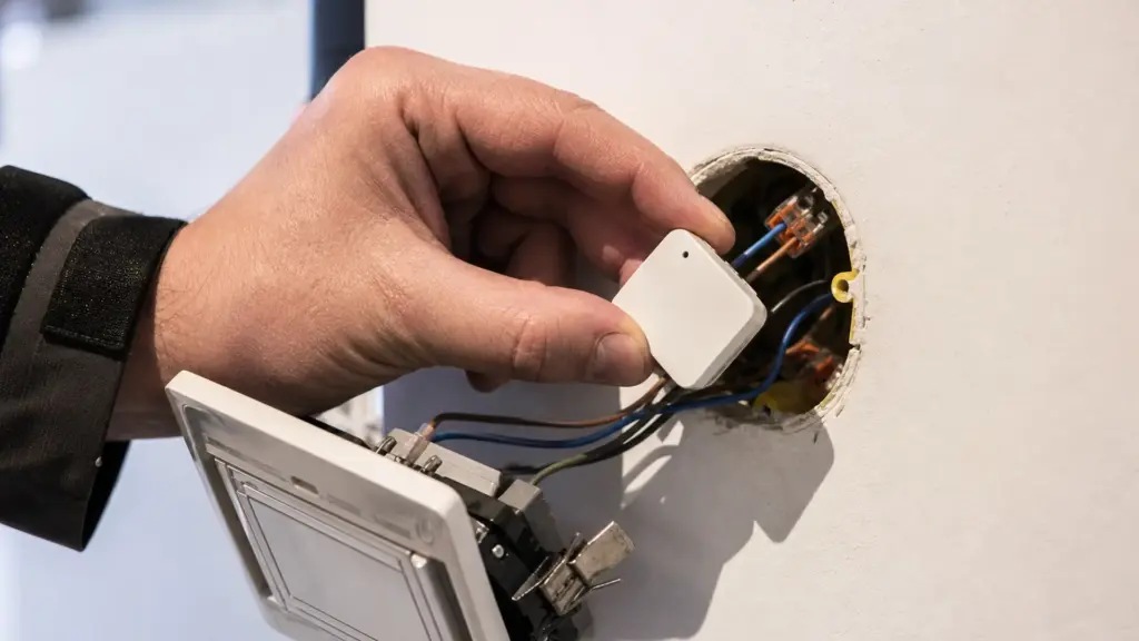 Kleiner Funkaktor wird in eine Unterputzdose hinter dem Schalter eingesetzt