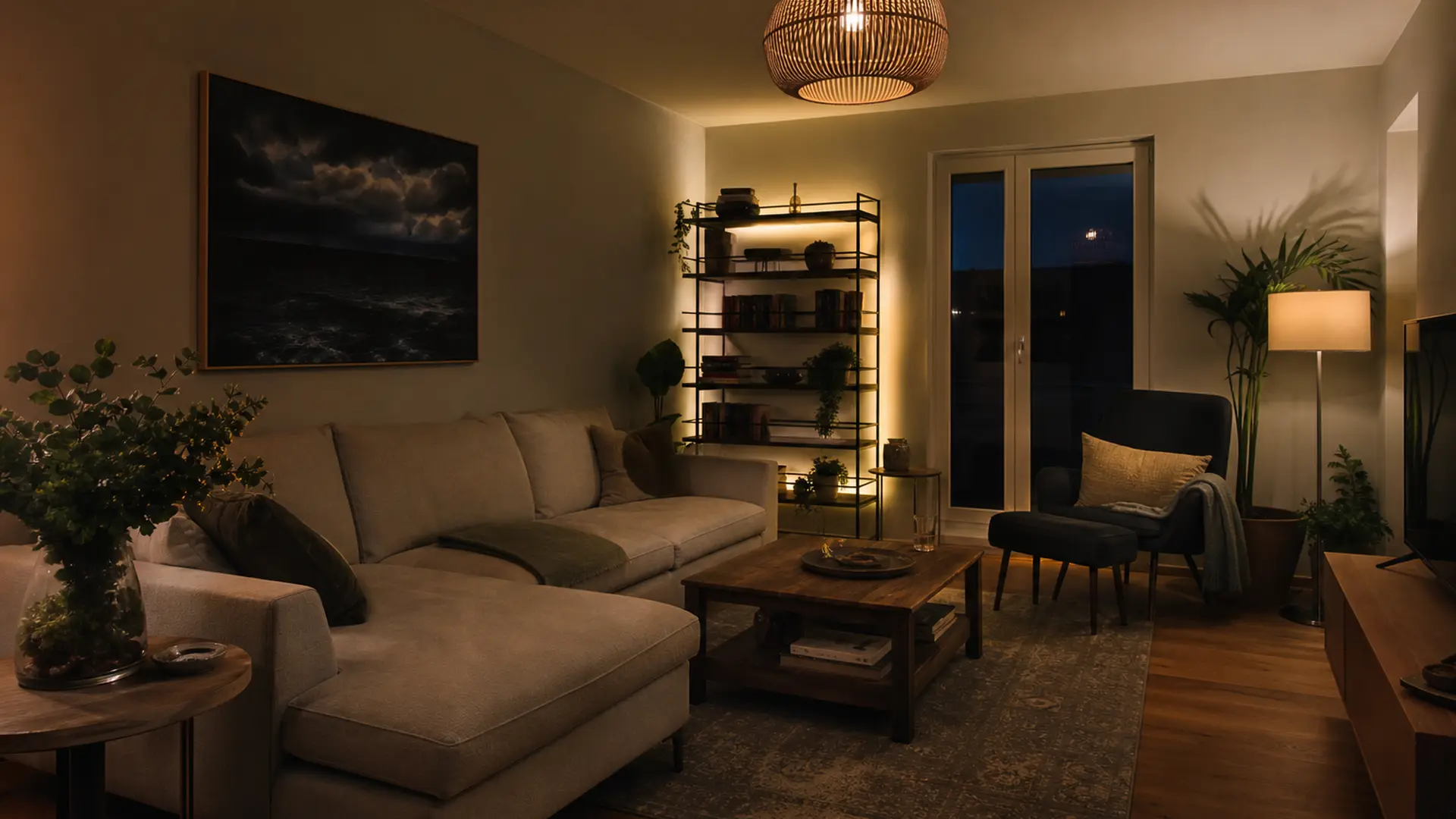 Wohnzimmer am Abend mit mehreren Lichtquellen unterschiedlicher Helligkeit