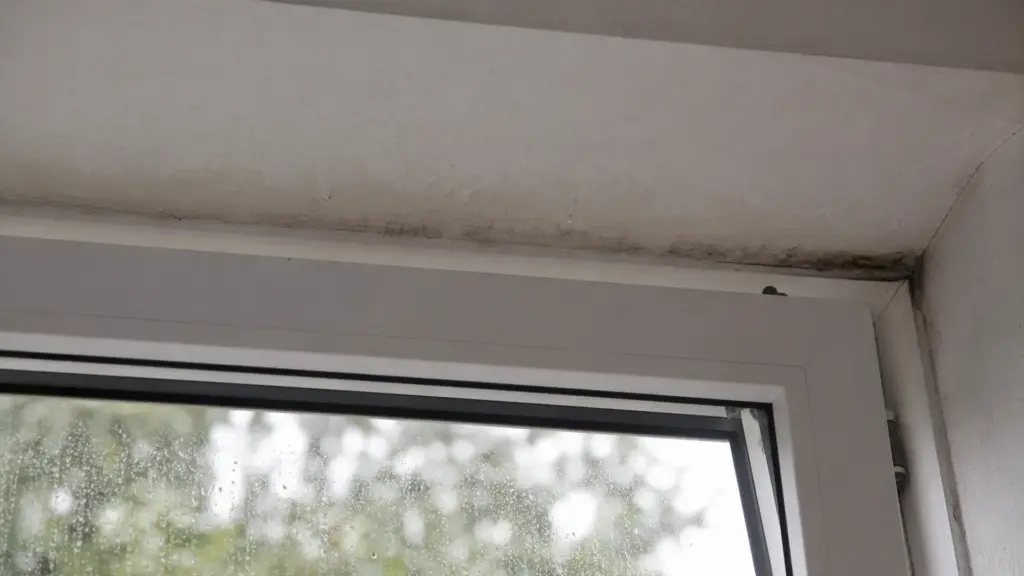Gekipptes Fenster, an der Laibung darüber ist Kondenswasser und beginnende dunkle Verfärbung erkennbar