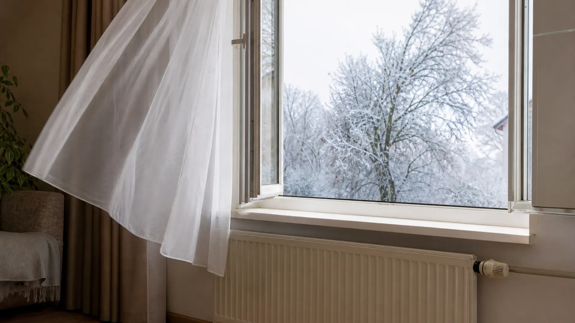 Weit geöffnetes Fenster beim Stoßlüften, der Vorhang wird vom Luftzug bewegt