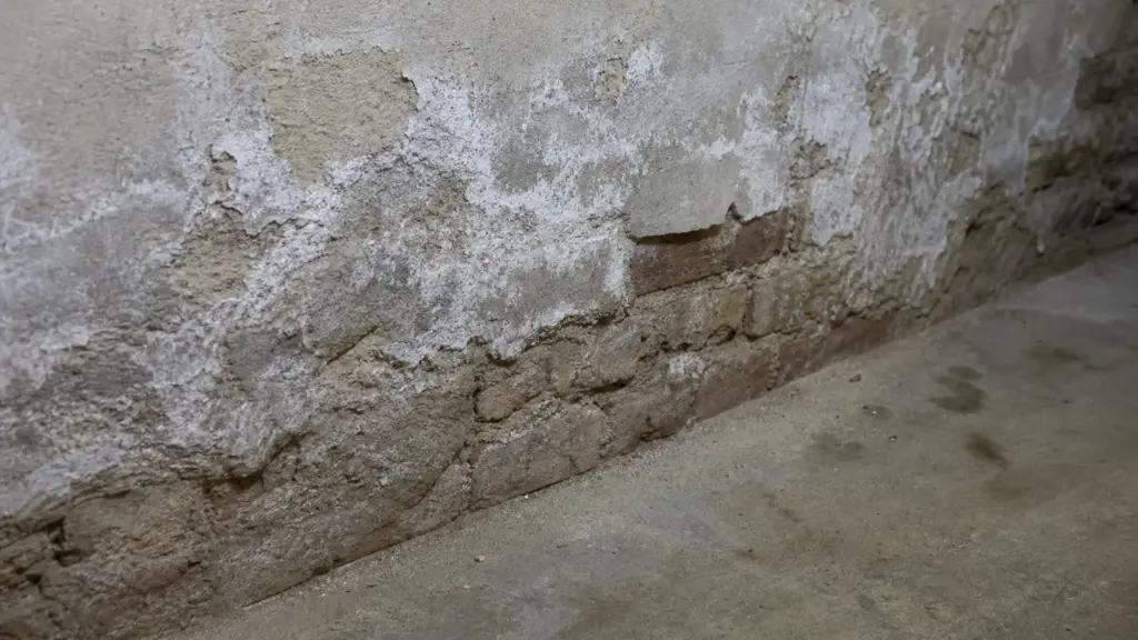 Sockelbereich einer Kellerwand mit Salzausblühungen und abplatzendem Putz