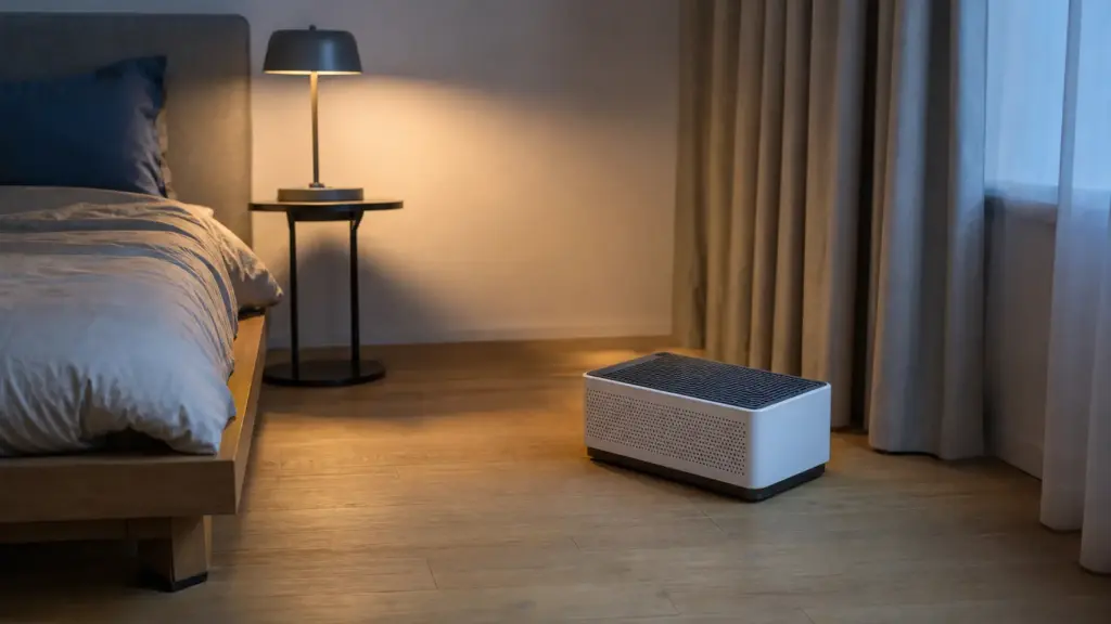 Luftreiniger im Schlafzimmer neben dem Bett, mit freiem Raum um das Gerät