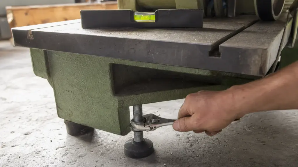Wasserwaage auf dem Maschinentisch, eine Hand justiert den verstellbaren Standfuß