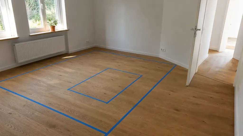 Mit Kreppband auf dem Boden abgeklebter Umriss eines geplanten Sofas im leeren Zimmer