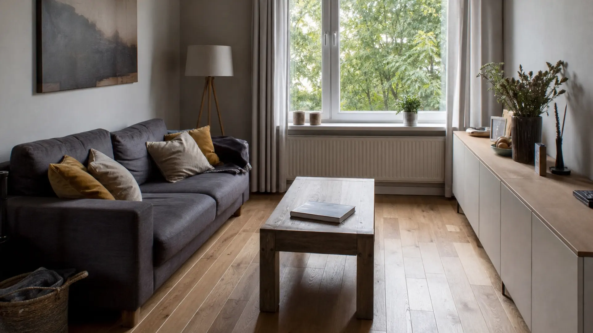 Wohnzimmer mit Sofa, Sideboard und Couchtisch, zwischen den Möbeln bleibt deutlich Bewegungsfläche