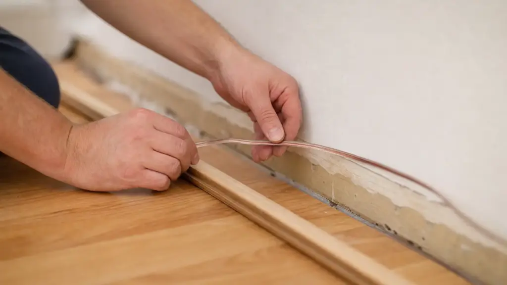 Lautsprecherkabel wird hinter der Sockelleiste geführt