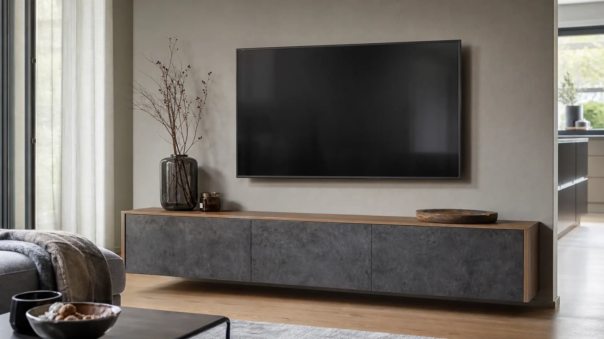 Wandmontierter Fernseher mit verdeckt geführten Leitungen über einem Sideboard