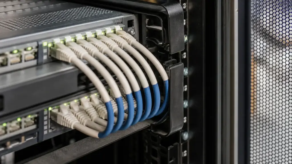 Patchkabel werden seitlich über Kabelbügel geführt