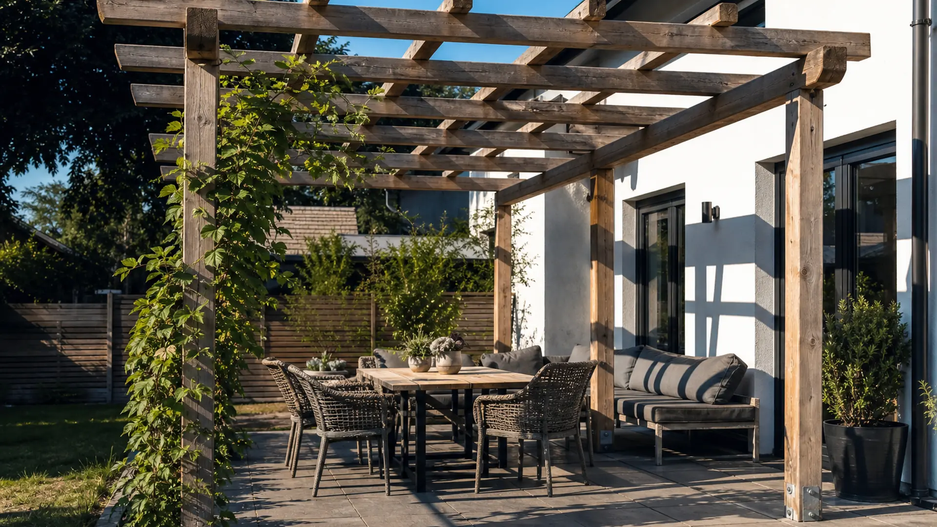 Holzpergola über einer Terrasse, die Querbalken werfen Streifenschatten auf den Plattenbelag