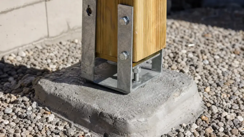 Verzinkter Pfostenträger auf einem Betonfundament hält den Holzpfosten mit Abstand zum Boden