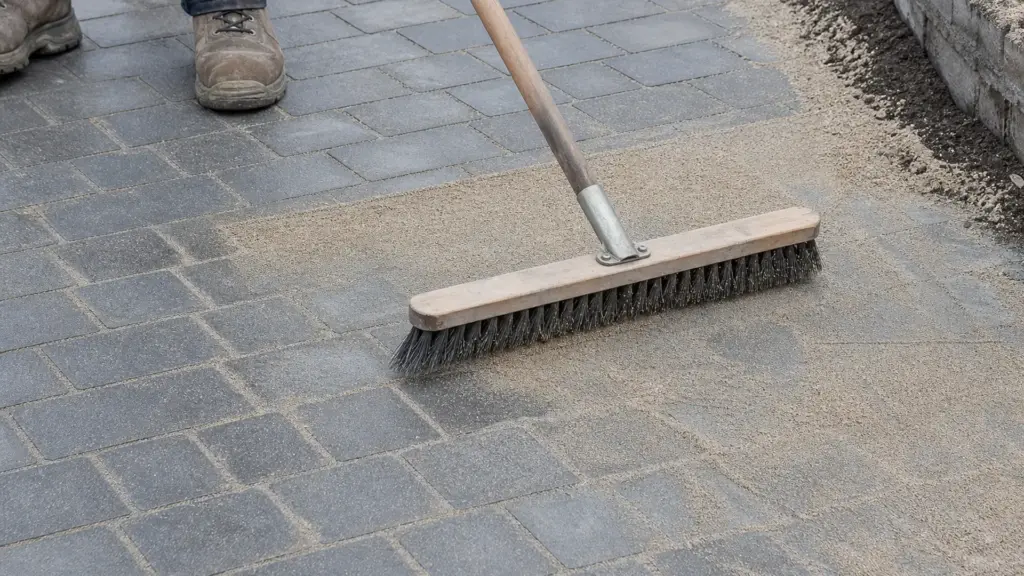 Besen kehrt Fugenmaterial diagonal über eine frisch verlegte Pflasterfläche