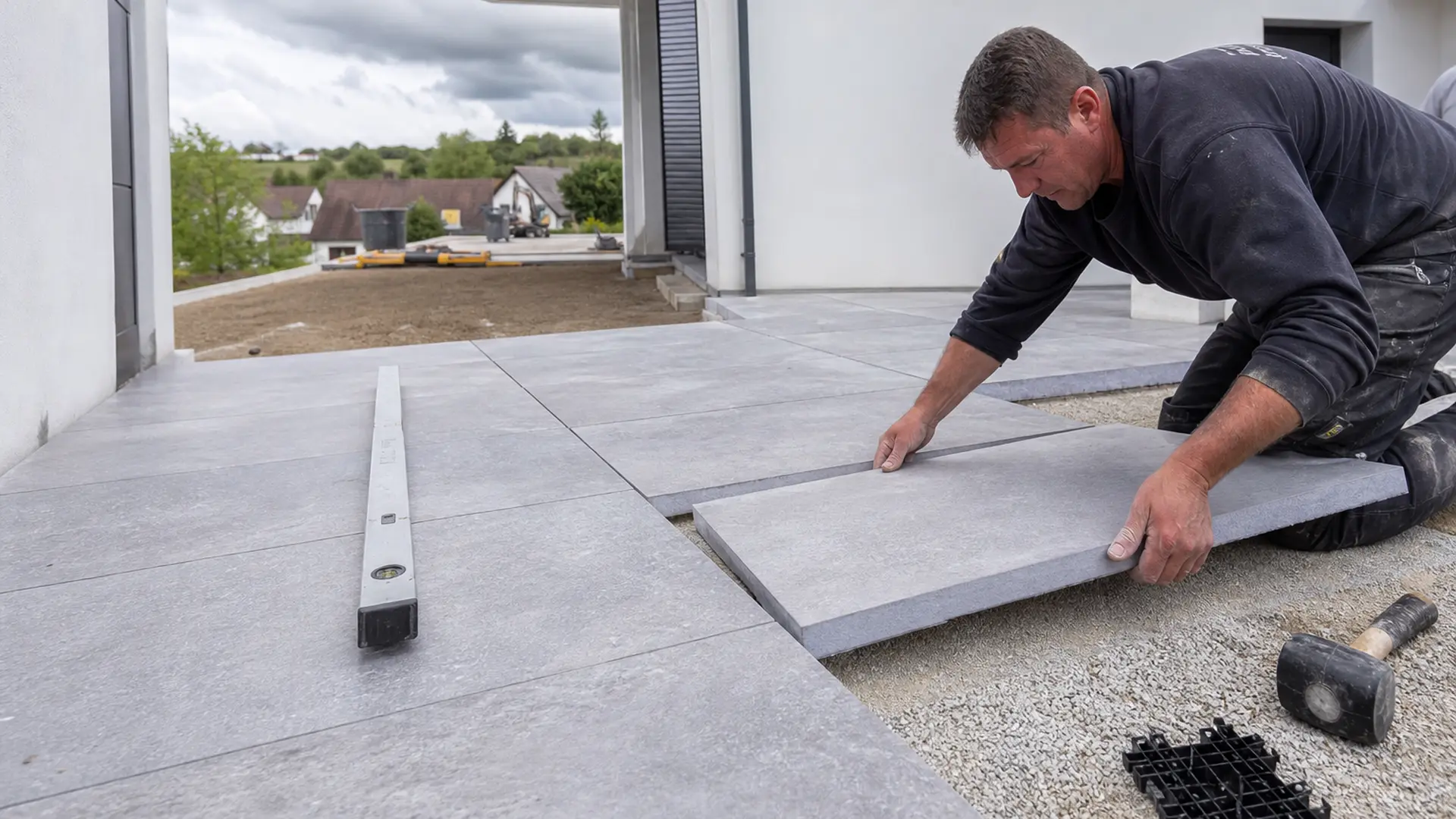 Reihe großformatiger Terrassenplatten wird in die Splittbettung eingesetzt, eine Wasserwaage liegt auf