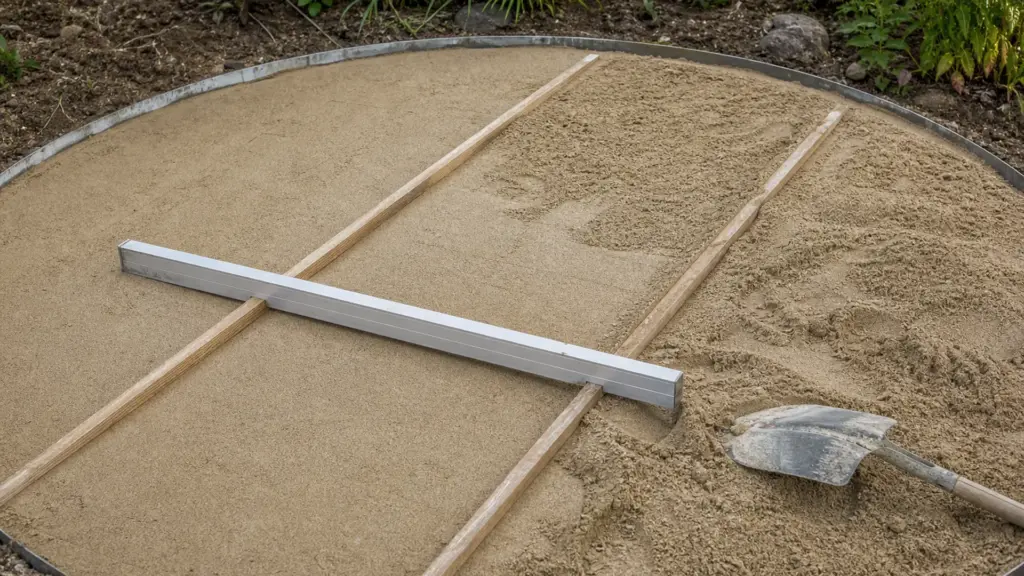 Sandschicht für den Poolunterbau wird mit einer langen Latte eben abgezogen