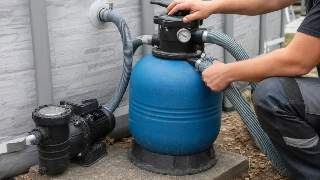 Sandfilteranlage mit Mehrwegeventil und angeschlossenen Schläuchen zum Pool