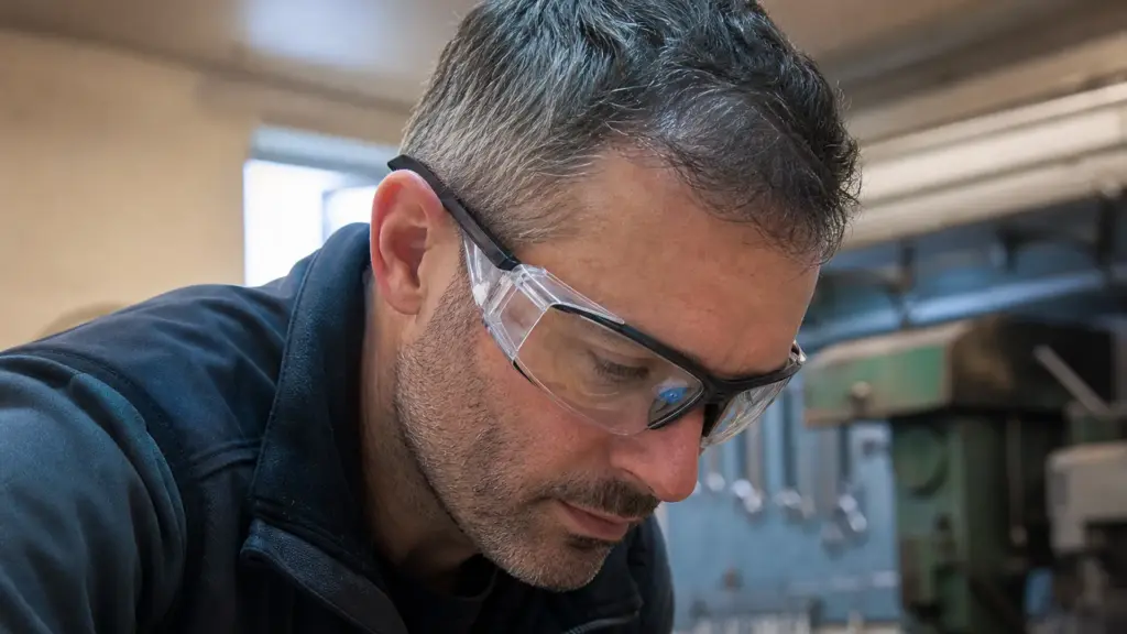 Handwerker mit korrekt sitzender Schutzbrille, die auch seitlich abschließt