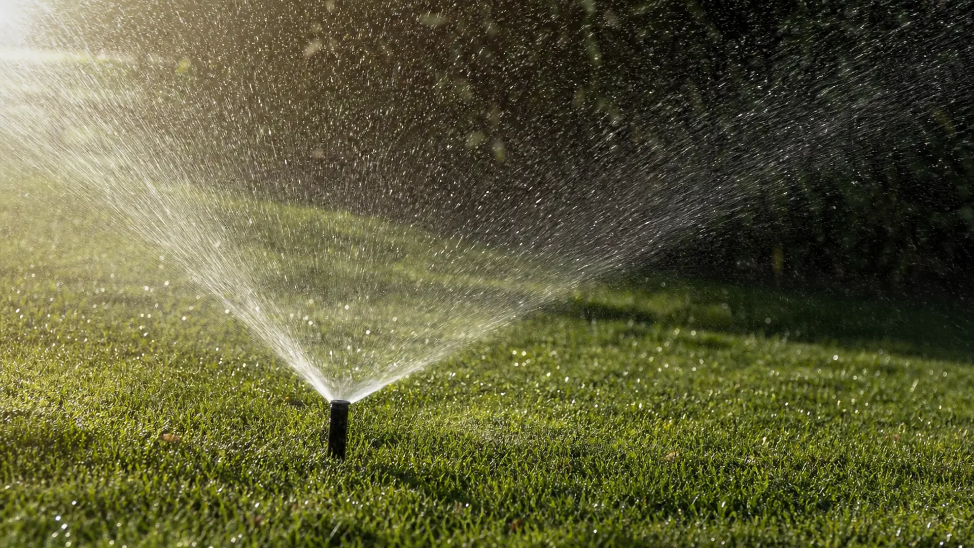 Ausgefahrener Versenkregner beregnet eine Rasenfläche, der Wasserfächer ist im Gegenlicht sichtbar